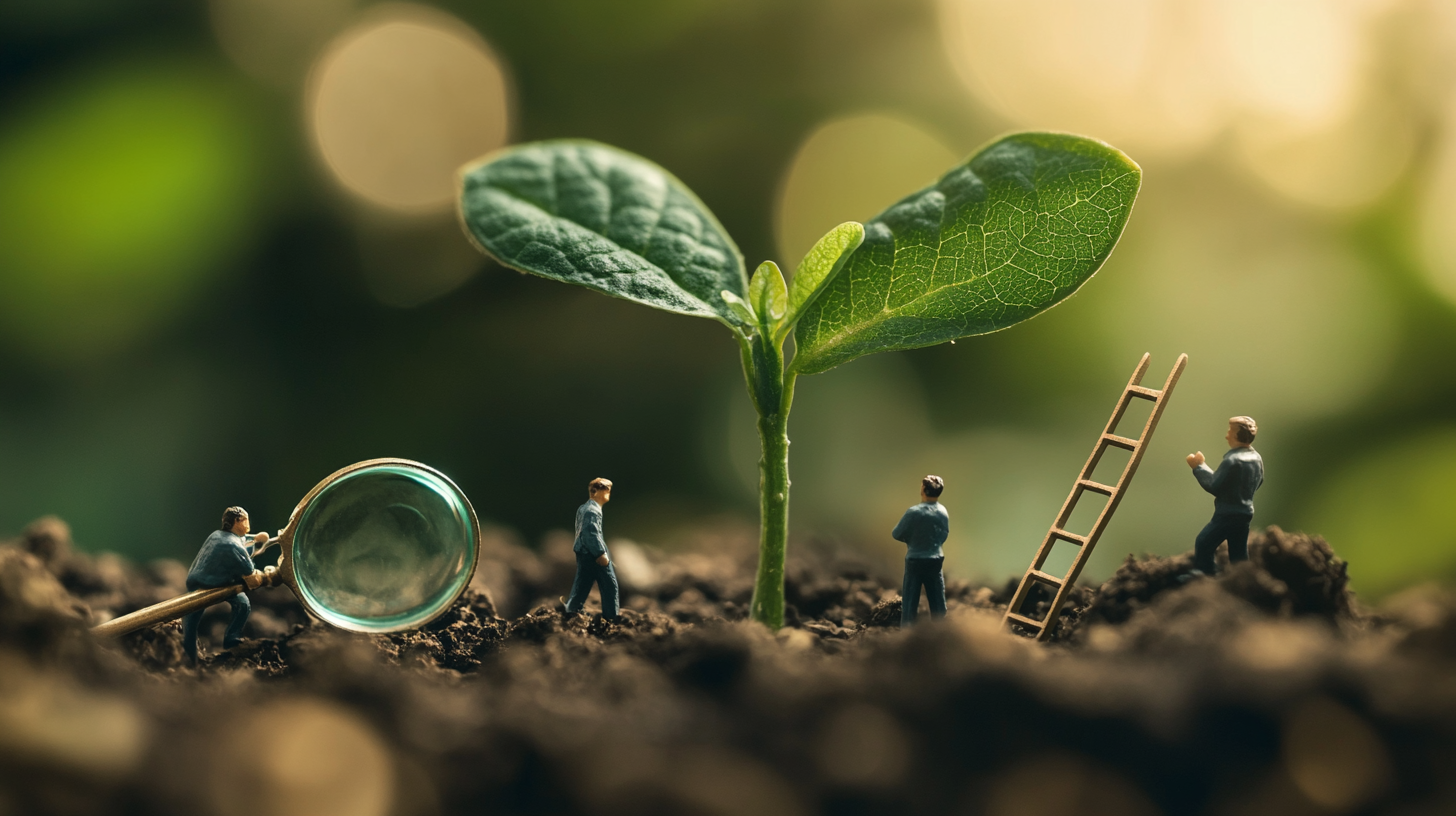 Miniature people observing a young seedling